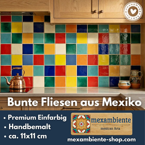 Patchwork-Fliesenspiegel aus bunten, einfarbigen mexikanischen Fliesen in 11×11 cm Optik, handgefertigt, hochwertig in warmem Interior-Stil.