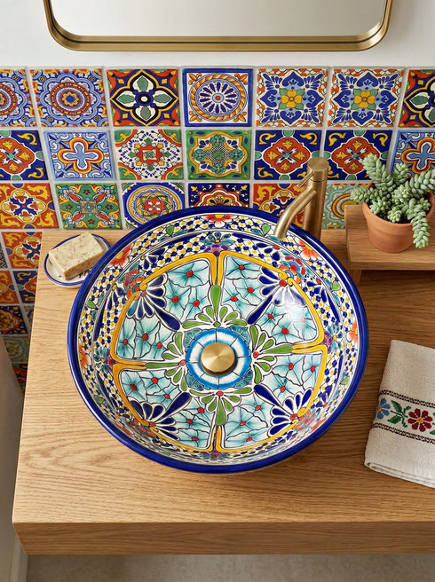 Buntes Aufsatzwaschbecken MEX3 Caribe kombiniert mit mexikanischen Fliesen – handbemalte Talavera Keramik von Mexambiente