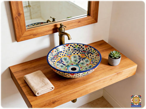 Mexikanisches Waschbecken (Aufsatzwaschbecken) MEX2, ca. 35 cm – ideal fürs Gäste-WC, handbemalte Talavera-Keramik