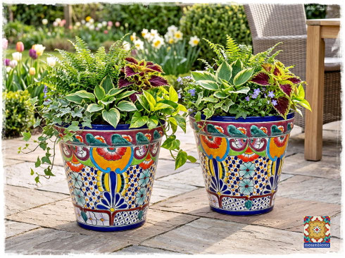 Mexikanische Blumentöpfe aus Keramik (34 cm) im Außenbereich, handbemalte Talavera Pflanzgefäße für Terrasse und Garten