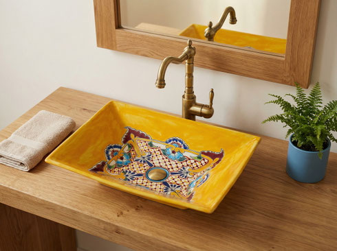 Rechteckiges mexikanisches Aufsatzwaschbecken aus handbemalter Talavera-Keramik im Puebla Design in Gelb, auf Holzwaschtisch mit Messingarmatur – Mexambiente