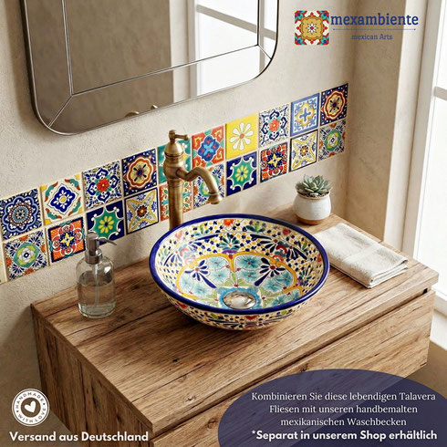 Premium mexikanische Fliesen ca. 11x11 cm im bunten Talavera Patchwork als Wandgestaltung hinter Mexiko-Waschbecken im Badezimmer – handbemalt, hochwertige Keramik mit edler Glasur, Versand aus Deutschland