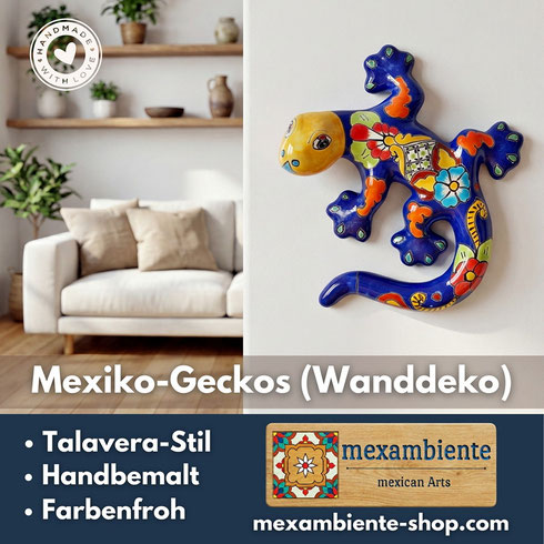 Farbenfrohe Keramik-Gecko Wanddeko im Talavera-Stil, detailreiche Muster, modern inszeniert vor neutraler Wohnwand.