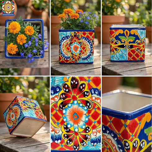 Bunte Blumentöpfe quadratisch mit bunten Talavera Designs - Keramikkunst
