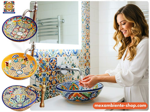 Femme utilisant une vasque mexicaine peinte à la main dans une salle de bain lumineuse, avec plusieurs modèles colorés en présentation – collection artisanale Mexambiente