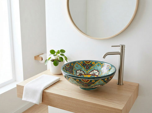 Skandinavisches Gäste-WC mit mexikanischem Waschbecken im Talavera-Stil von Mexambiente