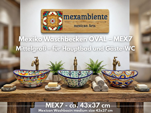 Showroom für mexikanische Badmöbel – ovale, handbemalte Waschbecken auf rustikalem Holzwaschtisch