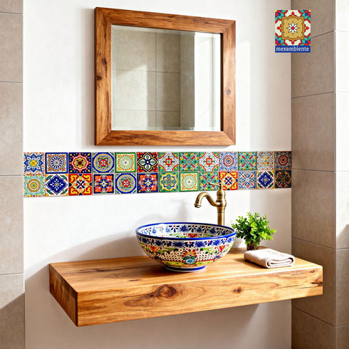 Rustikales Badezimmer mit bunten Fliesen und Waschbecken aus Mexiko Talavera von Mexambiente