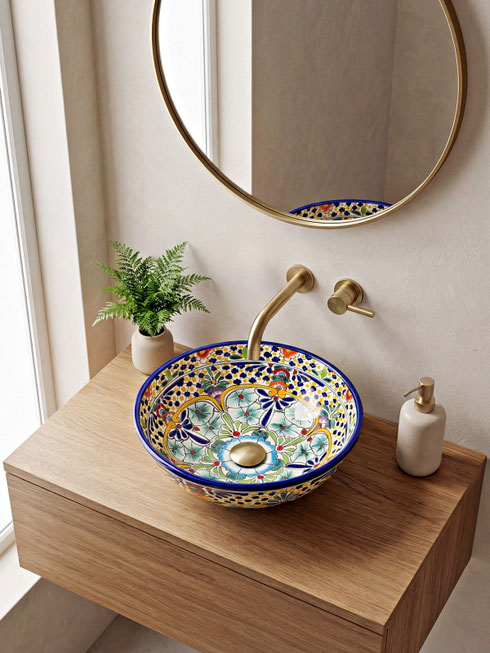 Gästetoilette mit CARIBE-Waschbecken aus Mexiko und Talavera-Waschschale im Boho-Muster