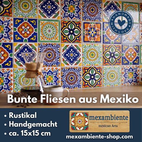 Mexikanische Fliesen 15x15 cm aus handbemalter Talavera-Keramik, farbenfrohes Patchwork aus verschiedenen Mustern | Mexambiente