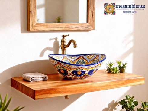 Gästebad Holzwaschtisch mit Mexiko Waschbecken oval ACAPULCO