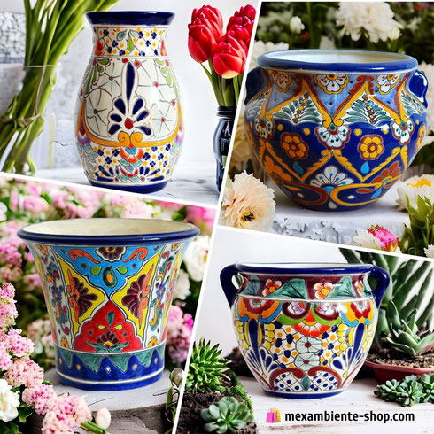 Mexikanische Blumengefäße mit bunten Talavera Designs aus Guanajuato