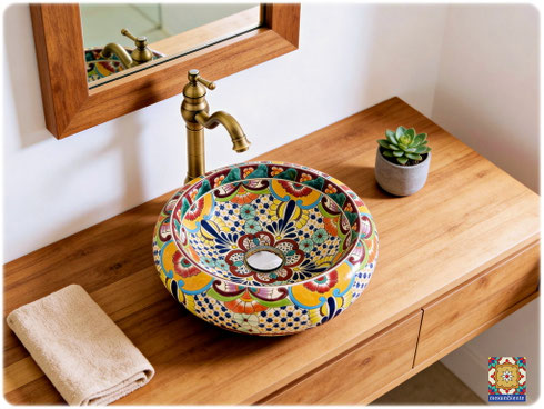 Mexikanisches Waschbecken (Aufsatzwaschbecken) DONNA, ca. 40 cm – harmonisch fürs Gästebad, handbemalte Talavera-Keramik