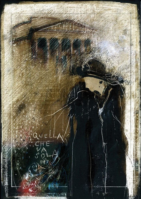 "Quella che va sola" di Fulvio Leoncini - 2014, tenica mista legno + cera, cm. 30x21, collezione privata