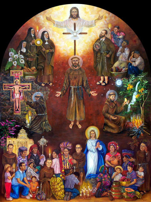 Fray Tomás Zabaleta, Siervos de Dios Padre Tulio Maruzzo, Padre Augusto Ramírez Monasterio y Padre Cosme Spessotto. Obra de la pintora guatemalteca Rosamaría Pascual de Gámez. Se encuentra en un retablo lateral de la Iglesia de San Francisco El Grande