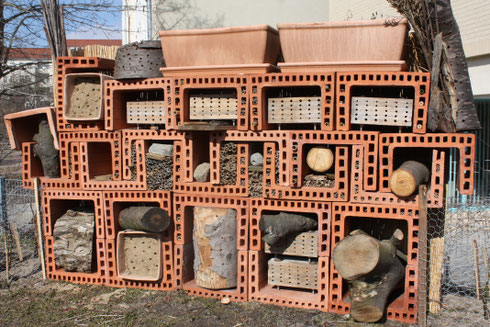 Bambusröhrchen, mit Bohrungen versehene Baumstämme und Hartholzblöcke sowie markhaltige Stengel bieten verschiedenen Wildbienenarten Nistplätze.