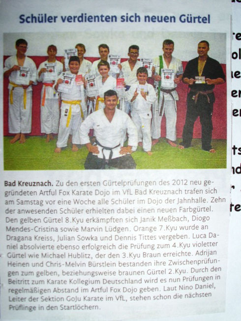 Erste Gürtelprüfung im Dojo, Oktober 2013, Öffentlicher Anzeiger Bad Kreuznach