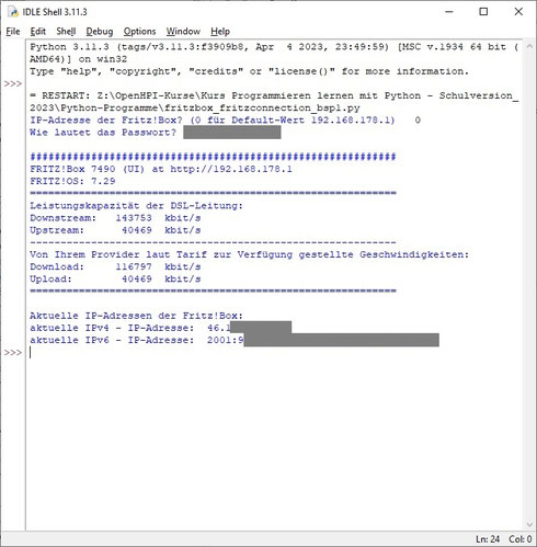 Screenshot der Python-Programmausgabe der FRITZ!Box