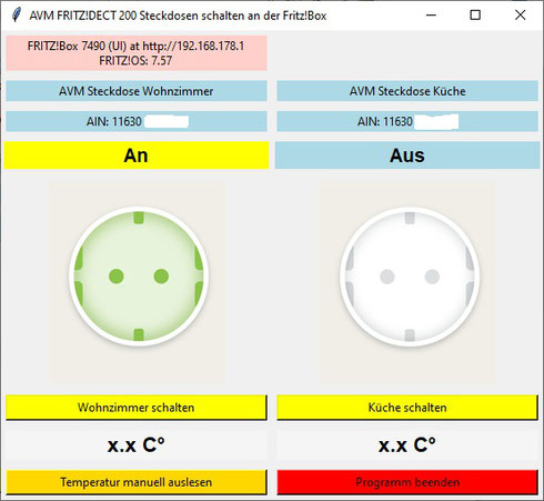 Python-Programm mit GUI: AVM DECT Steckdose im Wohnzimmer ist eingeschaltet.