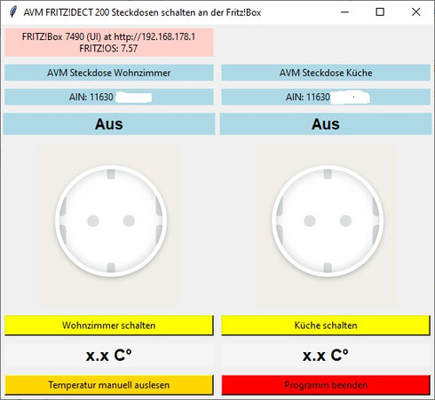 Python-Programm mit GUI für die beiden AVM DECT Steckdosen. Beide Steckdosen sind aus!Die AIN sind unkenntlich gemacht worden.