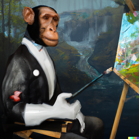 Von dem Text-zu-Bild-Generator DALL-E (gesprochen Dali) generiert: Schimpanse sitzt vor Leinwand und malt.