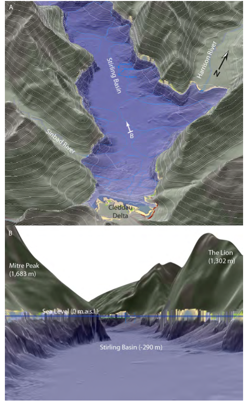 Vulcan 3-D model showing submarine avalanche sediments in the Stirling Basin of Milford Sound (Contour interval 100m) using subaerial and bathymetric Digital Elevation Models (from Dykstra 2012 p.104)