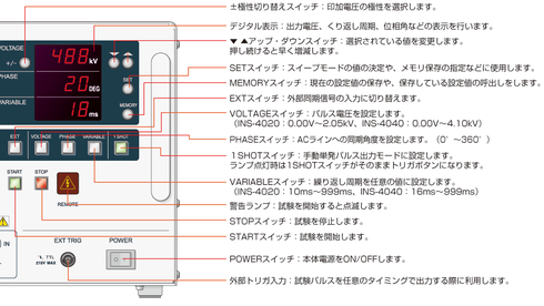 Noiseken　インパルスノイズシミュレーター　INS-4040のフロントパネル