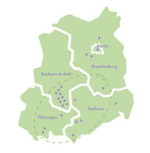 Karte von Sachsen-Anhalt, Sachsen, Thüringen und Brandenburg mit den 18 RUBIO-Partnern.