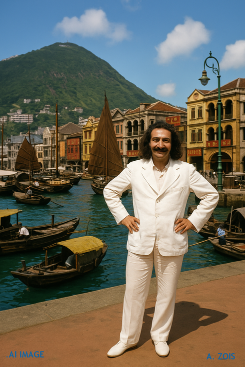 This is a AI produced image depicting Meher Baba in Hong Kong, based on Baba's photo taken in Nanking, China in 1932. Image produced by Anthony Zois.
