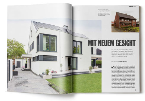 Doppelseite Münster Magazin. Zwei Bilder: 1. Außenaufnahme weiß verputztes Gebäude. 2. früheres Aussehen des Gebäudes mit rotem Klinker