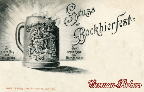 Königsbacher Bräu / Brauerei Ansichtskarte  Gruss vom Bockbierfest  um 1900  "Der erste Zug nie lang genug - Der erste Kuss ein Hochgenuss!"  mit Ansicht eines Bockbierkruges 