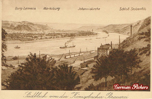 Königsbacher Bräu / Brauerei Ansichtskarte  Ansicht der Königsbacher Brauerei  Burg Lahneck - Marksburg - Johanniskirche - Schloß Stolzenfels  Coblenz um 1910 