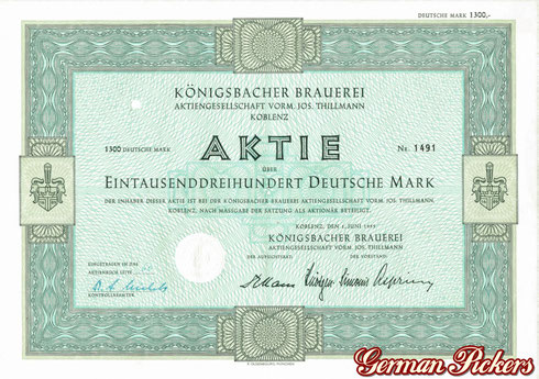 Aktie der Königsbacher Brauerei  1.300 Reichsmark  Koblenz, den 1. Juni 1955 