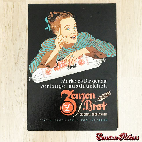 Zenzen Brot Fabrik Koblenz  Original Oberländer  Pappschild  45 x 30 cm  um 1950 -  Zenzen bread factory  paper sign  Germany 1950`s