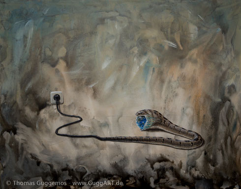 Hunger, Schlange verschluckt Erde, Steckdose, Kabel, Acrylgemälde, Gemälde, Malerei, Guggemos