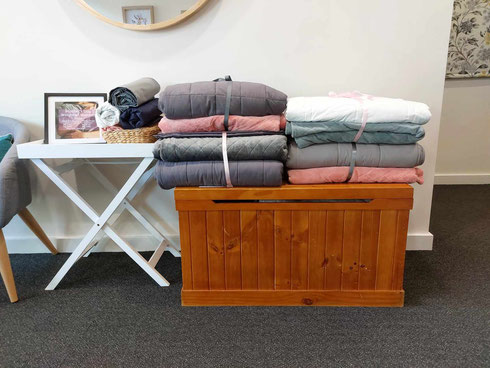 A picture of weighted blankets in my Hypnotherapy and Wellness clinic in Gorge Rd, Trevallyn, Launceston, Tasmania.