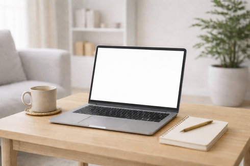 Schreibtisch mit Laptop als Arbeitssetting für Onlineberatung und Coaching