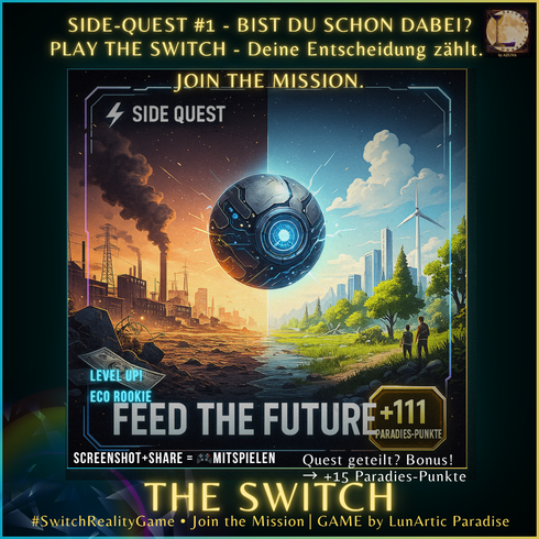 Futuristische Szene mit geteilter Welt: links Industrie und Rauch, rechts grüne Energie mit Windrädern und Menschen im Licht. In der Mitte eine schwebende Energie-Kugel. Motiv aus dem Mitmach-Buchspiel The Switch Reality Game by LunArtic Paradise.