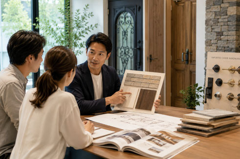     建築士視点で輸入建材を提案する打ち合わせ風景
