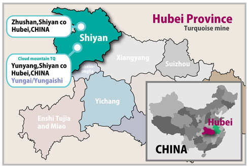 中国、湖北省(フーベイ)のターコイズ産地地図