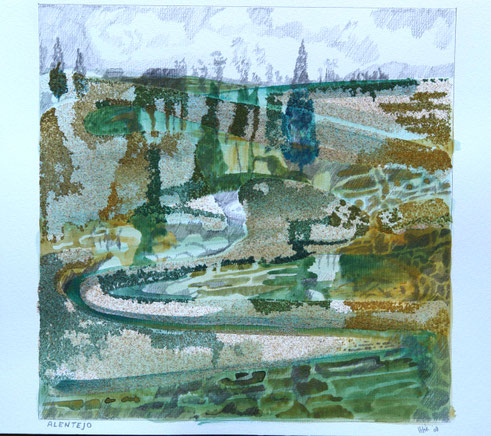 Alentejo in Winter - acryl with pencil and sandstructure on paper - 25 x 25 cm 