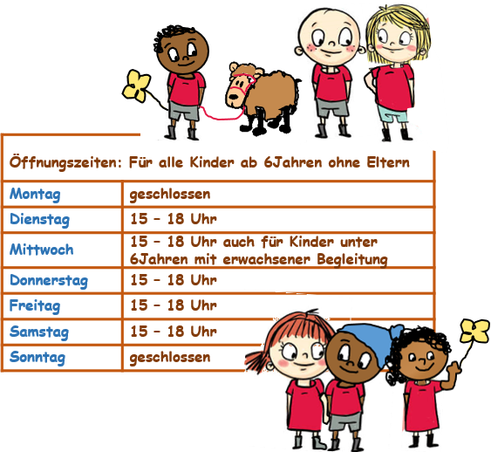 Montags und Sonntags ist geschlossen. Dienstag bis Samstags ist der Hof von 15 bis 18 Uhr für Kinder ab 6 Jahren geöffnet. Mittwochs können zusätzlich auch jüngere Kinder mit ihren Eltern kommen.