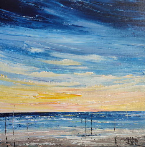 tableau-carre-coucher-de-soleil-sur-ocean-ciel-violet-rose-jaune-phare-mer-Audrey-chal-artiste-peintre-francaise-charente-maritime
