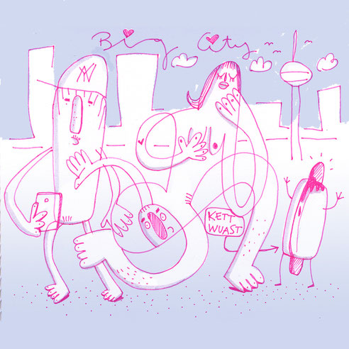 Eine kleine Skizze, gezeichnet mit pinkfarbenem Fineliner, koloriert in Photoshop. Illustration im Urban Art Style von Frank Schulz