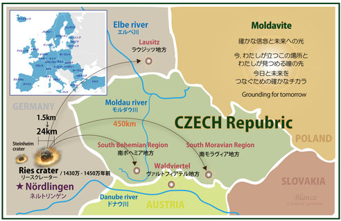 モルダバイト、産地の地図