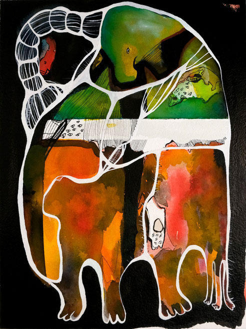 Kunstwerk auf Papier, gemalt  mit Gouache, Tusche, Aquarellfarbe, Stiften etc.
