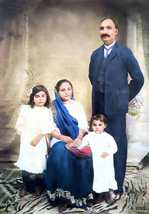 1912 : Jehangir & Daulat Irani with their daughter Piroja ( left ) & Mehera ( right ). She is 5 y.o. Image rendition by Anthony Zois.