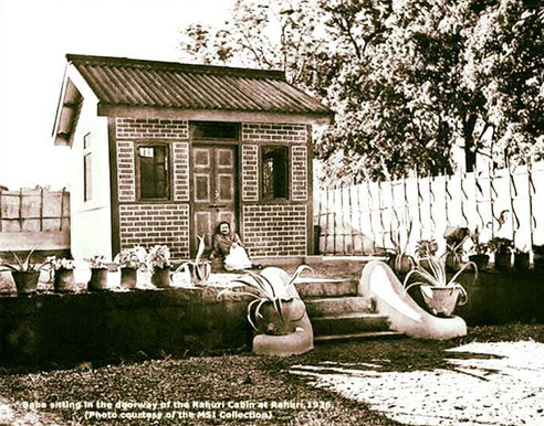 Baba outside the Rahuri Cabin in 1936. Courtesy of MSI Collection.