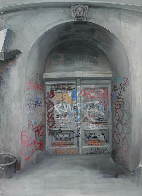 Ein Bild wie ein Zukünftiges, das aus dunkler Vergangenheit kommt.  Bild Xavier Krilyk, Berlin-Neukölln, Acryl auf Fotografie, 80x60 cm, 2016