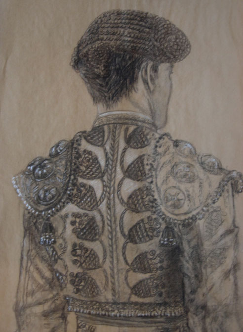 dessin-fusain-papier-kraft-torero-de-dos-costume-motifs-artiste-sylvie-roussel-meric